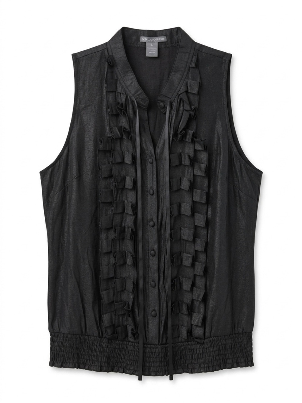 Isabella Rodriguez Black Sleeveless Ruffle-Front Button Blouse